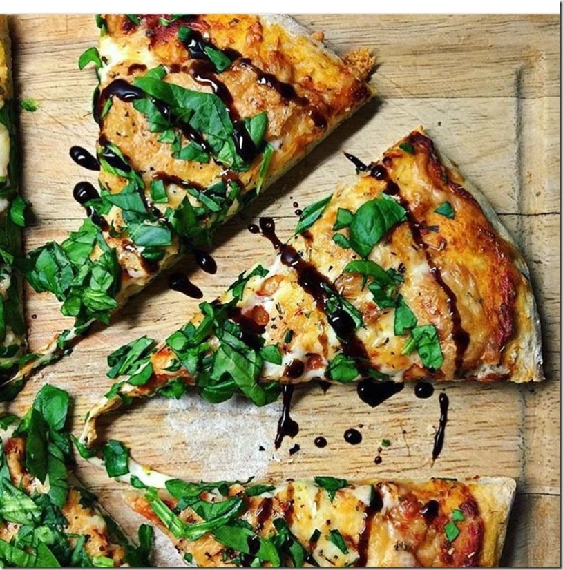 Spinach and Cheese Pizza with Walnut Pear Balsamic Glaze