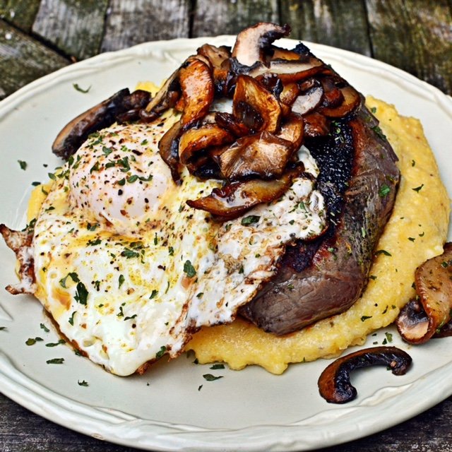 Steak with Polenta, Mushrooms and Fried Egg