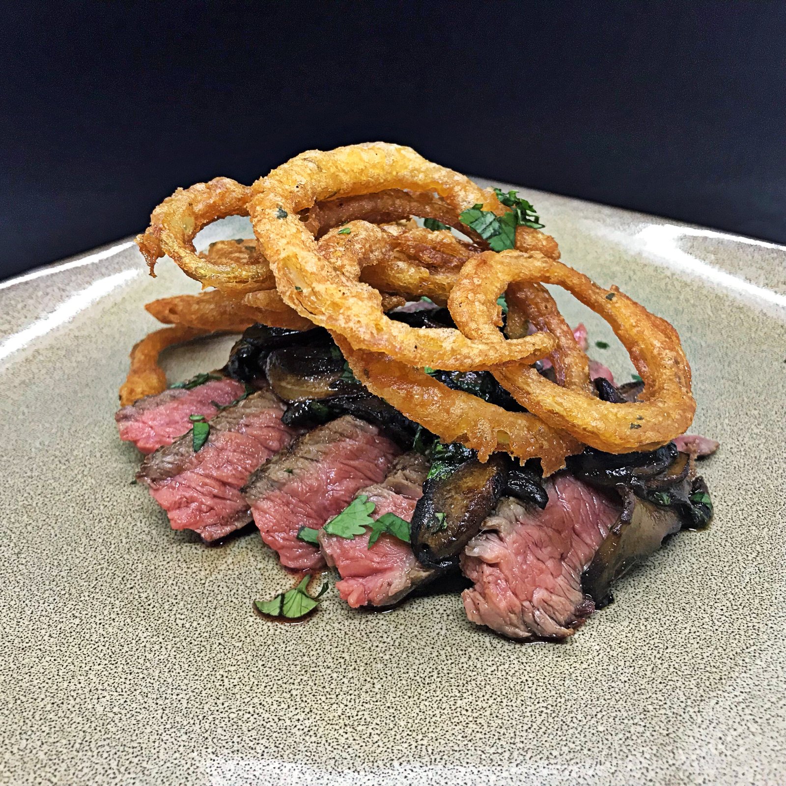 Bistro Steak with Buffalo Onion Rings