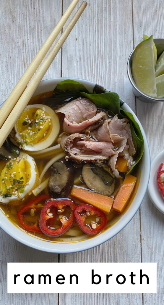 Save some money eating out and make your own restaurant-worthy ramen bowl at home. This bowl is filled with lo mein noodes, chicken, spinach, egg, carrots, mushroom, sliced peppers, and more. Weight Watchers | Noodle Soup | Asian Bowl | Ramen Noodle Recipe