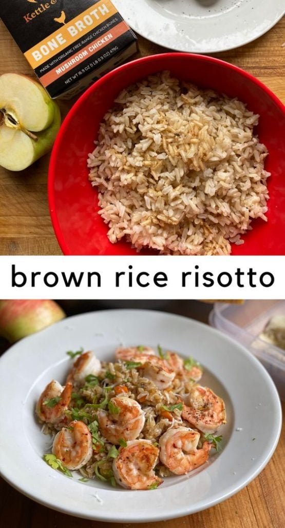 A great way to use up leftover brown rice – make it into a risotto! This is super quick and easy, perfect for a busy weeknight. Made with mushrooms, carrots, a delicious bone broth, and topped with shrimp. Risotto Recipes #risotto #brownrice #healthydinner