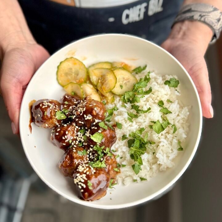weight watchers recipe dinner of asian meatballs with rice and cucumbers