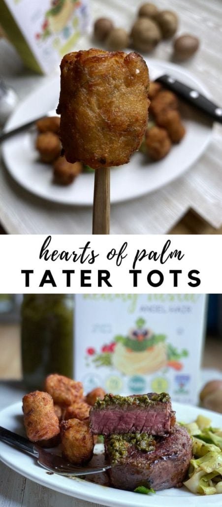 A new twist on a classic side. Using Hearts of Palm pasta and potatoes makes 24 homemade tots only 4 WW points on Team Purple! I deep-fried these tater tots but you could also pop them in the air fryer. #tatertots