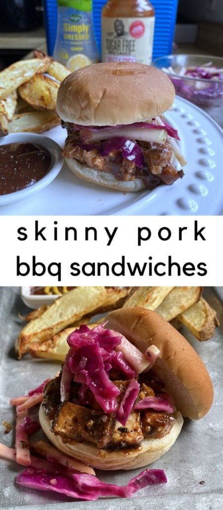 I made this Weight Watchers sandwich with 3 ounces of leftover pork and heated it up in G. Hughes sugar-free BBQ sauce, then made a quick cabbage and apple slaw (1/3 cup sliced apple, 1/3 cup sliced red cabbage, 1 tablespoon Marzetti’s lemon vinaigrette and a splash of red wine vinegar) and made leftover baked potato fries. The pork is 3 points and the bun is 3 points – so that’s a generous sandwich for 6 points! #ww #pork #weightwatchersrecipes
