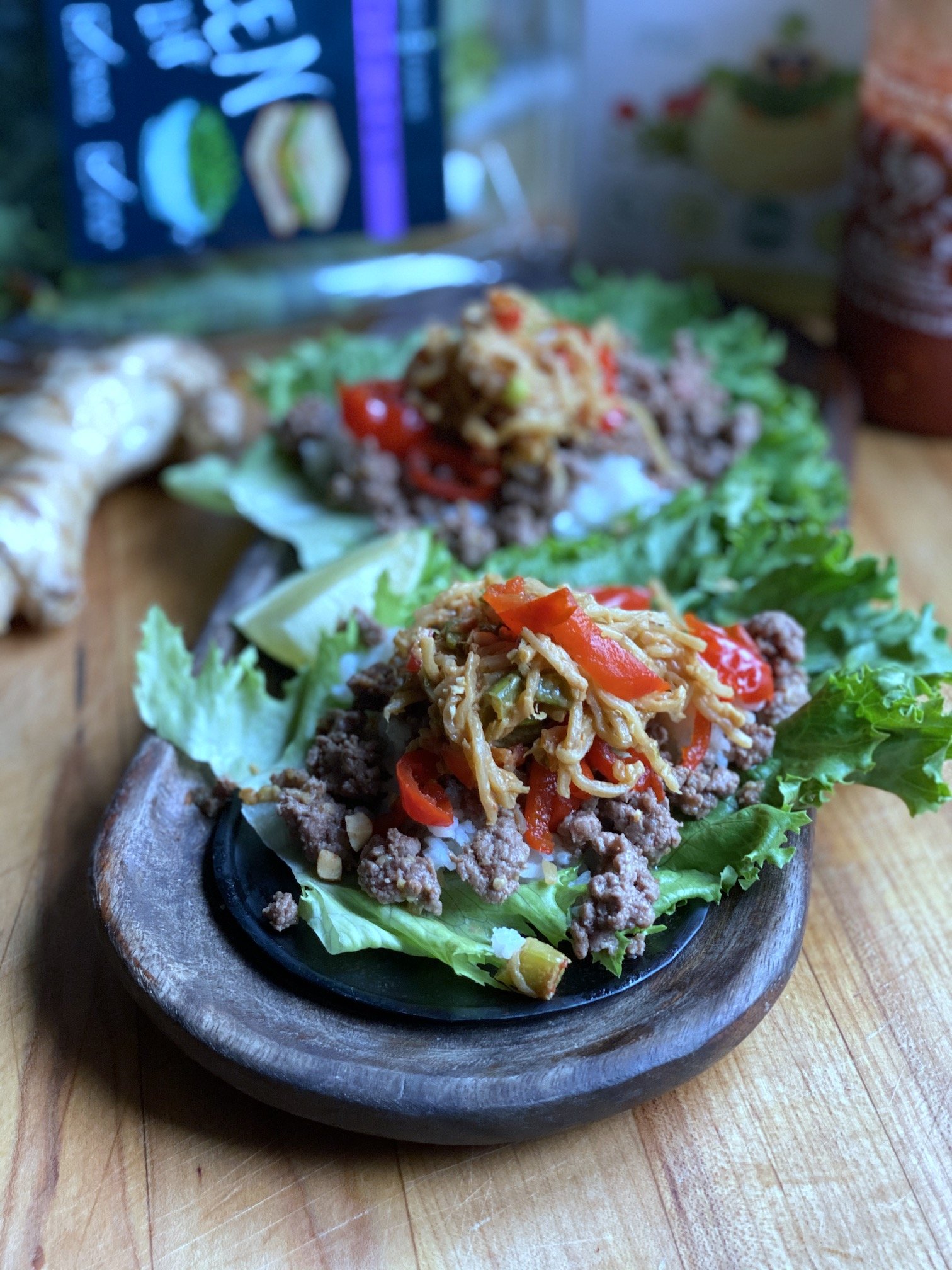 Spicy Beef Lettuce Cups with Peanut Noodle Salad