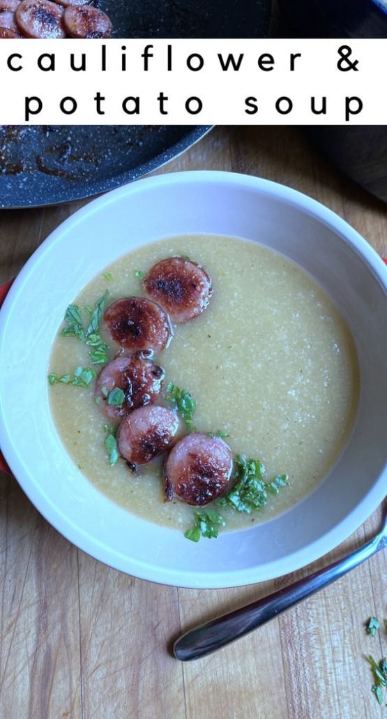 The best part about this soup is that the base is vegetarian AND vegan but you could still add some pan-seared sausage to kick it up a notch. With only 8 ingredients and a little over 20 minutes of your time, you'll have a delicious soup on the table in no time. #vegan #soup #cauliflower