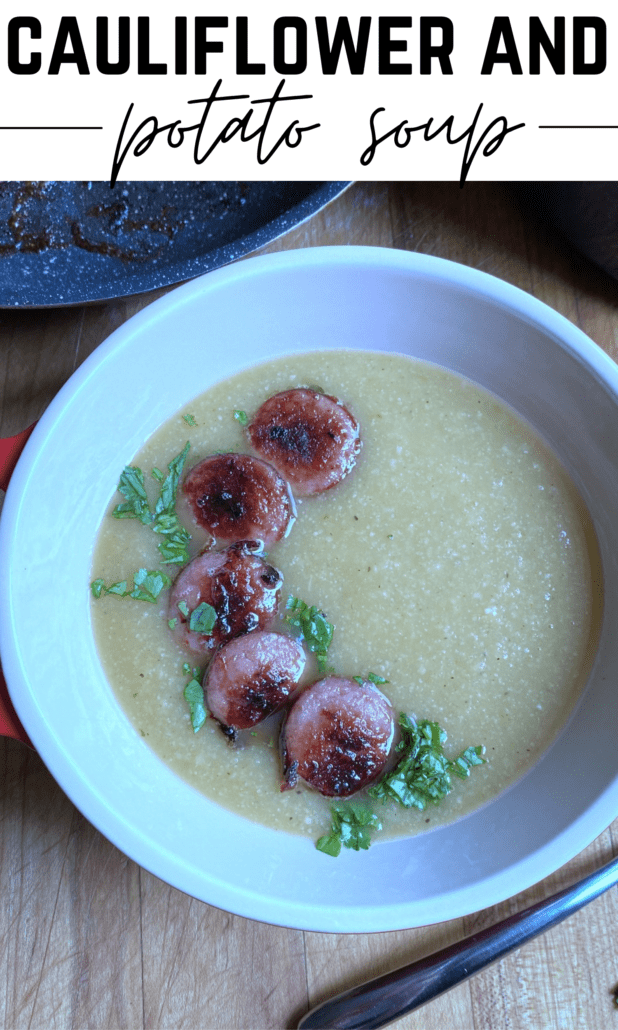 This vegan cauliflower soup is a great way to use up leftovers and cooks easily on your stovetop with just 8 ingredients. To kick it up a notch I added some pan seared sausage to this bowl, but you can leave the soup as is to keep it completely vegan.