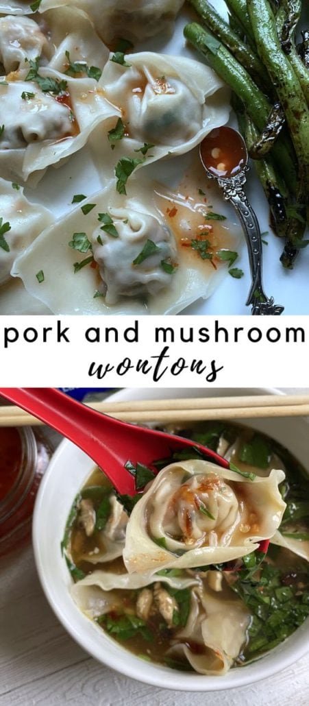 These pork and mushroom wontons could really be filled with anything you have in your fridge – wonton wrappers are so versatile and cheap! This recipe makes 44 wontons, but the filling will keep in your fridge for a few days if you want to make smaller batches at a time. They also air fry by themselves for a perfect crunchy wonton appetizer, or can be made into a soup like this recipe! No matter what plan you're on, each wonton is .8 points! #pork #wontons