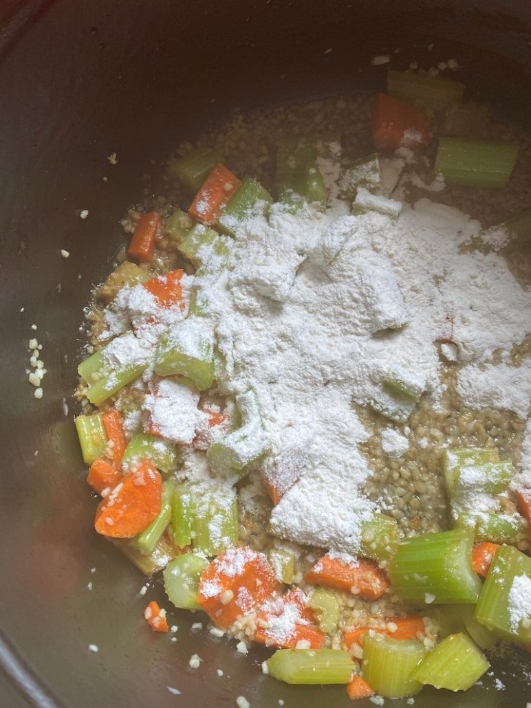 this is a picture of carrots, celery and garlic sauteed with flour to thicken the soup