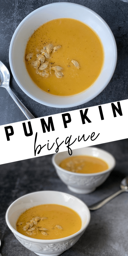 The perfect fall soup recipe that is rich and indulgent but only 125 calories per bowl. For easy cooking, the pumpkin and butternut squash can be cooked right in your air fryer prior to cooking it all together. A simple and easy Weight Watchers soup idea. #ww #weightwatchers #soup #pumpkinbisque #bisque