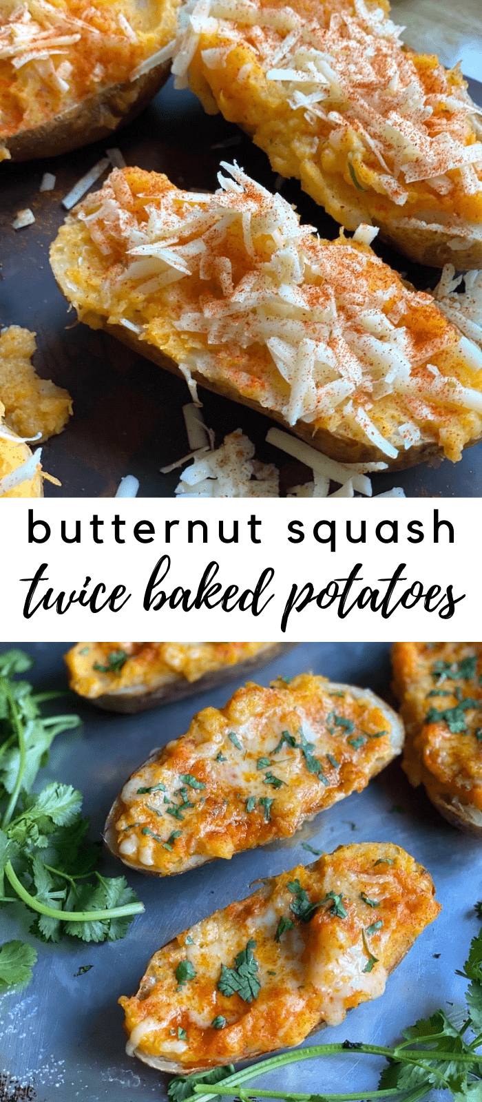  A twist on the classic twice baked potato - adding butternut squash, sharp cheddar and cilantro. It's a little sweet, a little spicy and would be the perfect side dish to your Thanksgiving table. They are 5 points on #teamgreen and #teamblue and 2 points on #teampurple. #potatoes #twicebakedpotatoes #sidedish #makeahead #cheese #butternutsquash