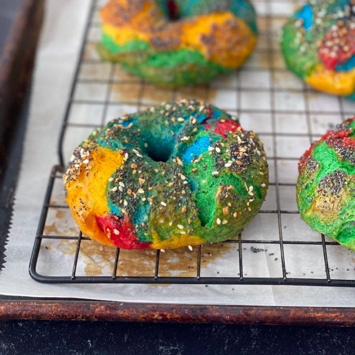 this is a photo of a rainbow bagel with colors of blue, green, red and yellow