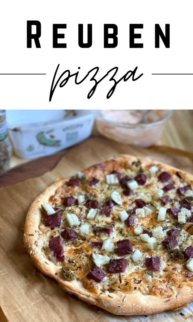 Turn your favorite reuben sandwich into pizza form. This pizza recipe calls for all the classics - sauerkraut, thousand island dressing, chopped corned beef, and cheese. It's made with my skinny pizza dough recipe and it's 8 weight watchers points for 1/4 of the pizza. #reuben #ww #pizza #weightwatchers
