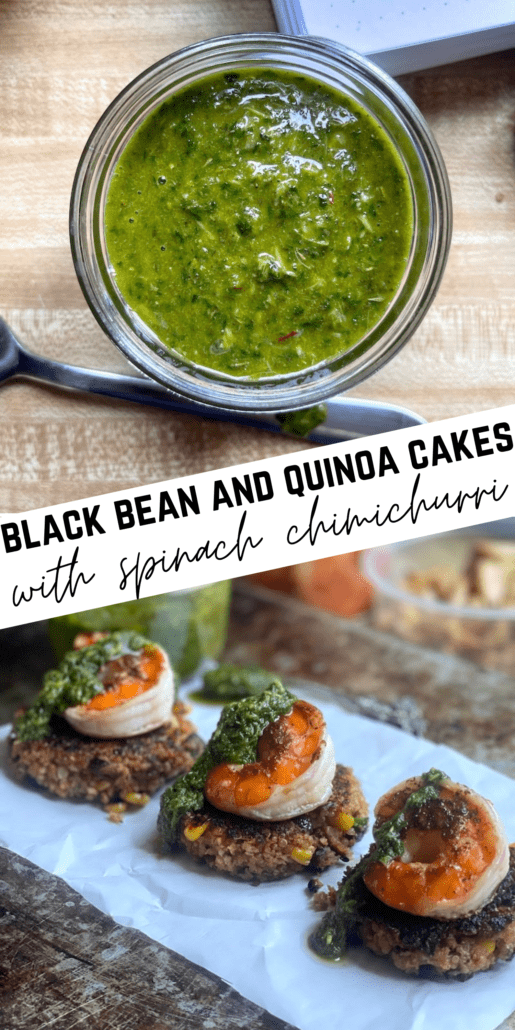  My friend Nicole's black bean and quinoa burger mix (link in blog) morphed into these black bean and quinoa cakes with shrimp and spinach chimichurri - this sauce is so good I want to put it on everything! On #teampurple one serving is zero points, on #teamblue it's 2 points and on #teamgreen it's 4 points. #ww #weightwatchers #shrimp #quinoa #blackbean