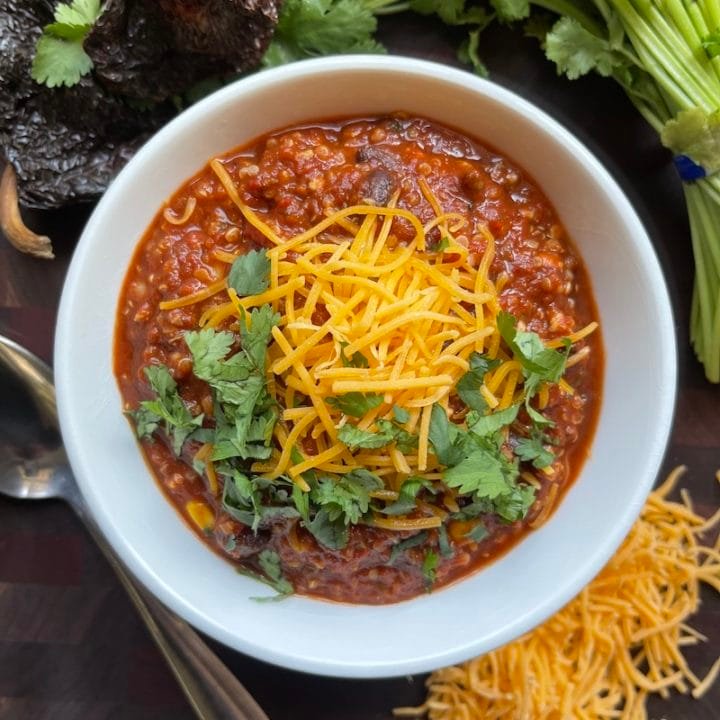 this is a photo of black bean and quinoa chili