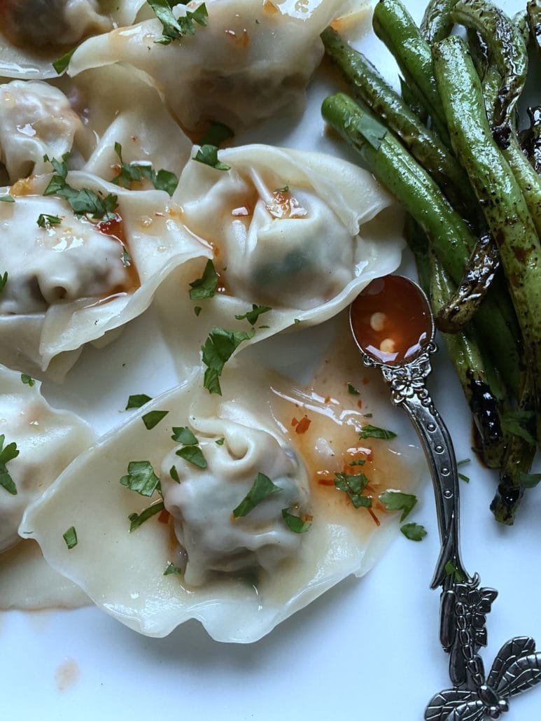 this is a photo of pork and mushroom wontons