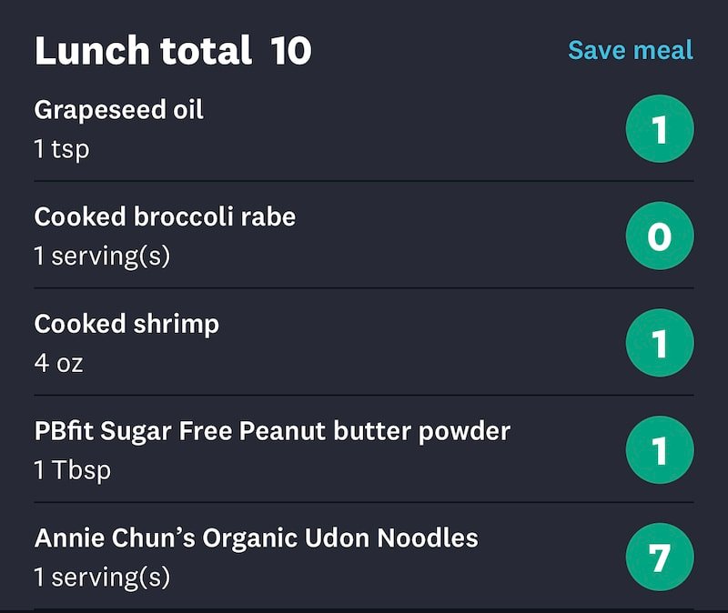this is a photo of the breakdown of WW points for shrimp lo mein