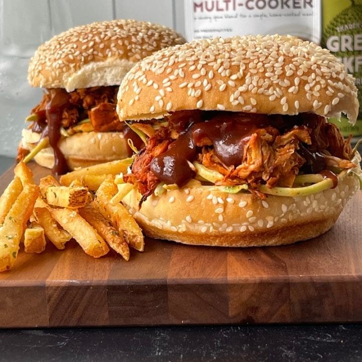 this is a photo of a jackfruit pulled bbq sandwich