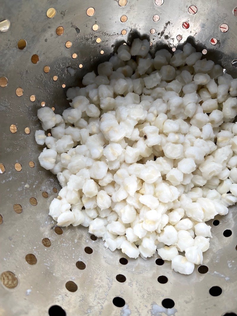 this is a photo of hominy drained in a collander