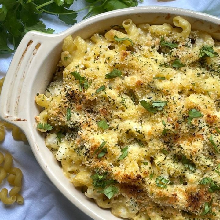 this is a photo of hominy macaroni and cheese