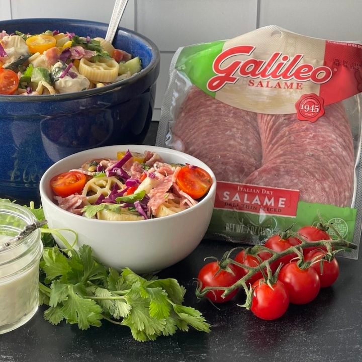 this is a photo of a pasta salad with galileo salame