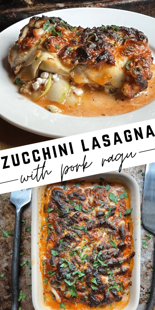  This zucchini lasagna with pork ragu tastes as if I simmered the sauce for days instead of 20 minutes. This pork ragu is so rich and has such a depth of flavor. A great switch from ground beef! The pork ragu is made with less than 10 ingredients and makes for a quick 20 minute recipe. Once you make the sauce from scratch, the rest of the lasagna can be cooked up in 15 minutes in an air fryer. On all WW plans, this lasagna is 12 points. #ww #weightwatchers #pork #ragu #lasagna