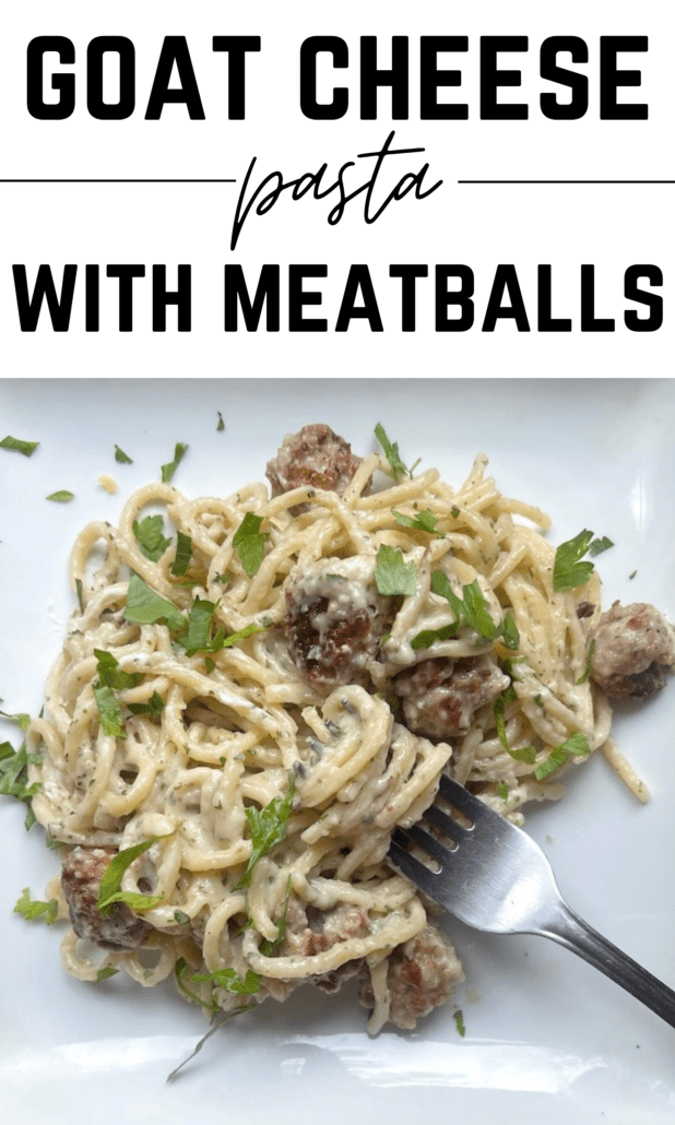 This goat cheese pasta dish tastes like it should be 2000 calories! While this is high in WW points (16 on all plans) this plate is 567 calories. This pasta recipe is less than 10 ingredients and makes for a 15 minute dinner. #ww #weightwatchers #pasta #goatcheese #meatballs
