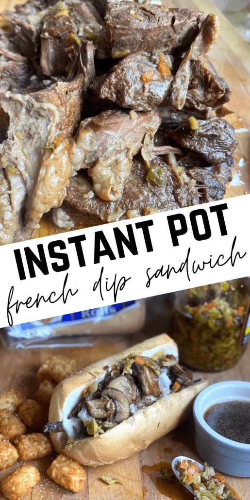 These sandwiches are going to be your go to backyard bbq sandwich. Make the beef ahead of time in the instant pot, then make sandwiches an hour before guests arrive. When ready, just reheat au jus and throw them on the grill to get all crisp and melty! The beef filling is 4 points for 3 ounces on all WW plans. The rest of the points will depend on what brand roll you use, cheese, etc. You can garnish with more giardiniera, sauteed mushrooms or onions if desired. #ww #weightwatchers #instantpot