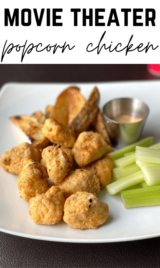 This movie theater popcorn chicken is next level. Who knew you could use buttered popcorn spray on chicken?! It takes less than 10 ingredients to make these air fryer popcorn chicken bites and they're 40 grams of protein per serving. #airfryer #chicken #ww #weightwatchers