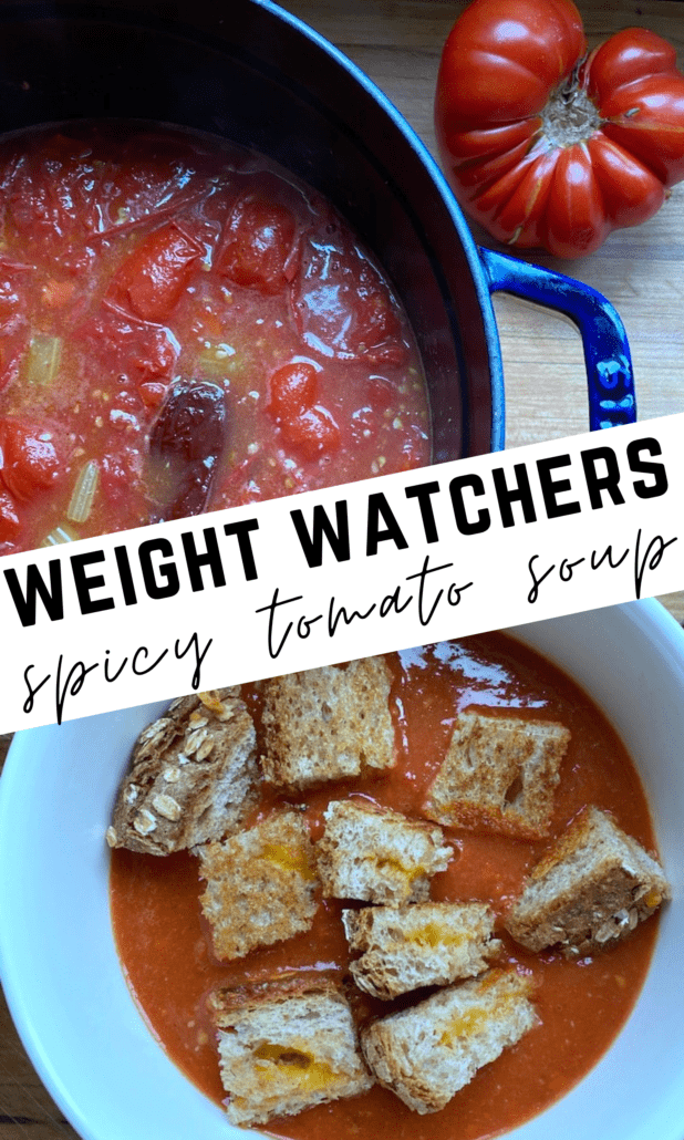 This tomato soup is under 10 ingredients and cooks in 30 minutes. It's also under 150 calories per serving! Since my soup was so low in calories and points, I made a grilled cheese sandwich on the side. I cut up half of the sandwich and made grilled cheese croutons, making my lunch 6 points of deliciousness. On all WW plans, each 1 cup serving is 1 smart point. #ww #weightwatchers #soup #tomatosoup #creamy