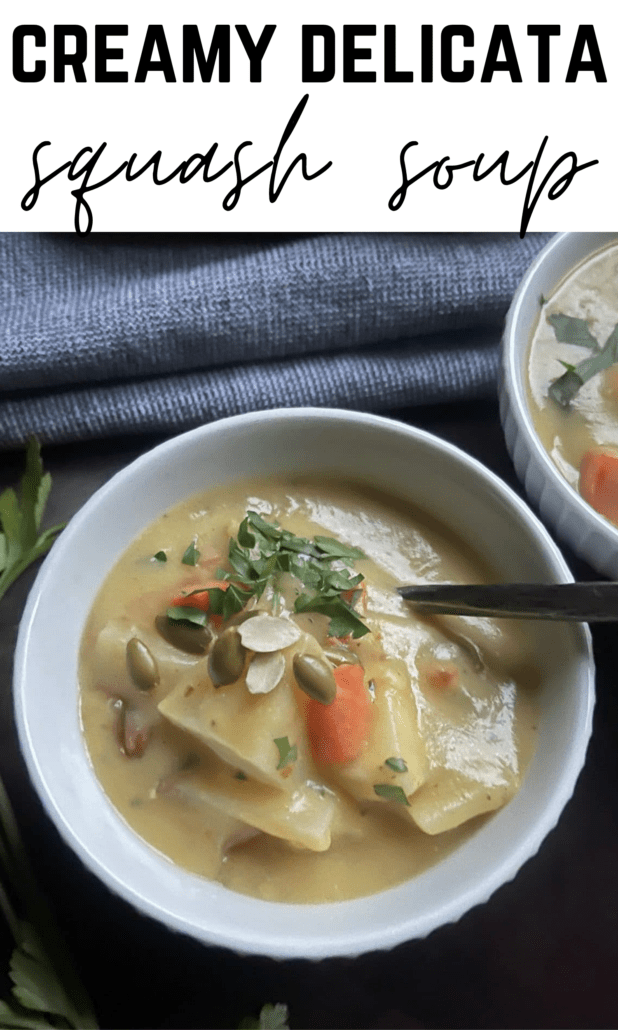 Cozy up with this creamy fall vegetable soup. This air fryer delicata squash soup allows for your air fryer to do most of the work. With delicata squash as the main ingredient, it makes this quite a low calorie soup at under 200 calories. #squash #delicatasquash #soup