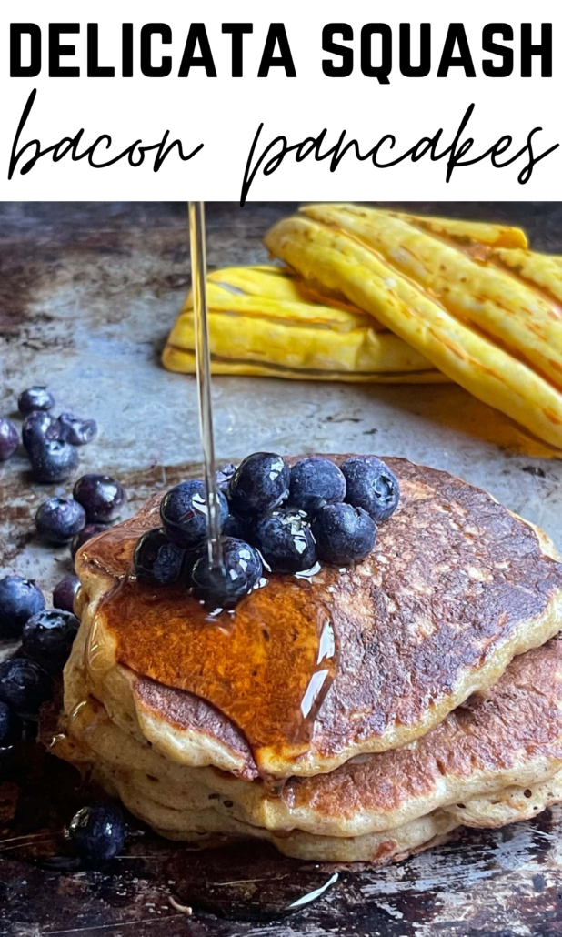 I promise you won't taste the squash in this pancake recipe. It's a great way to sneak veggies into your breakfast! On all #ww plans these are 3 points each. When the pancakes are fresh off the pan, the bacon bits are crispy and add a nice kick of salt that pairs great with the sweet delicata squash. #squash #weightwatchers