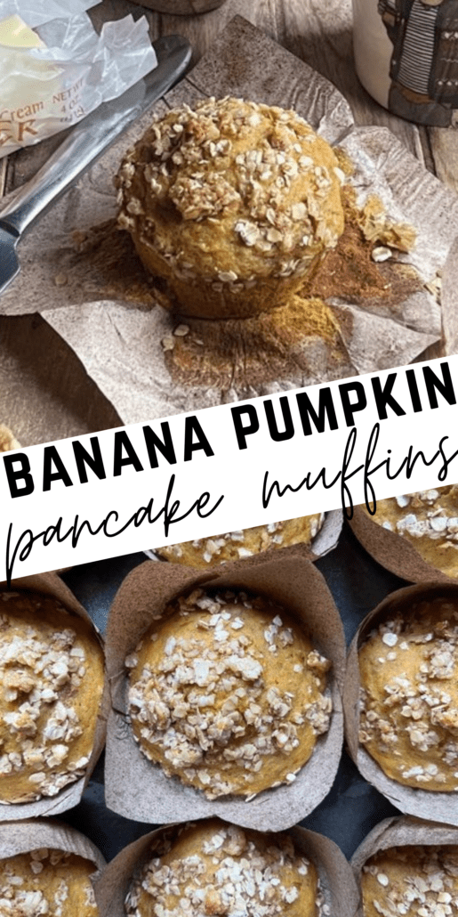 If you're in the mood for some banana pancakes or pumpkin muffins, why not combine them in this banana pumpkin recipe. The end result is super fluffy muffins with a perfect muffin top.
