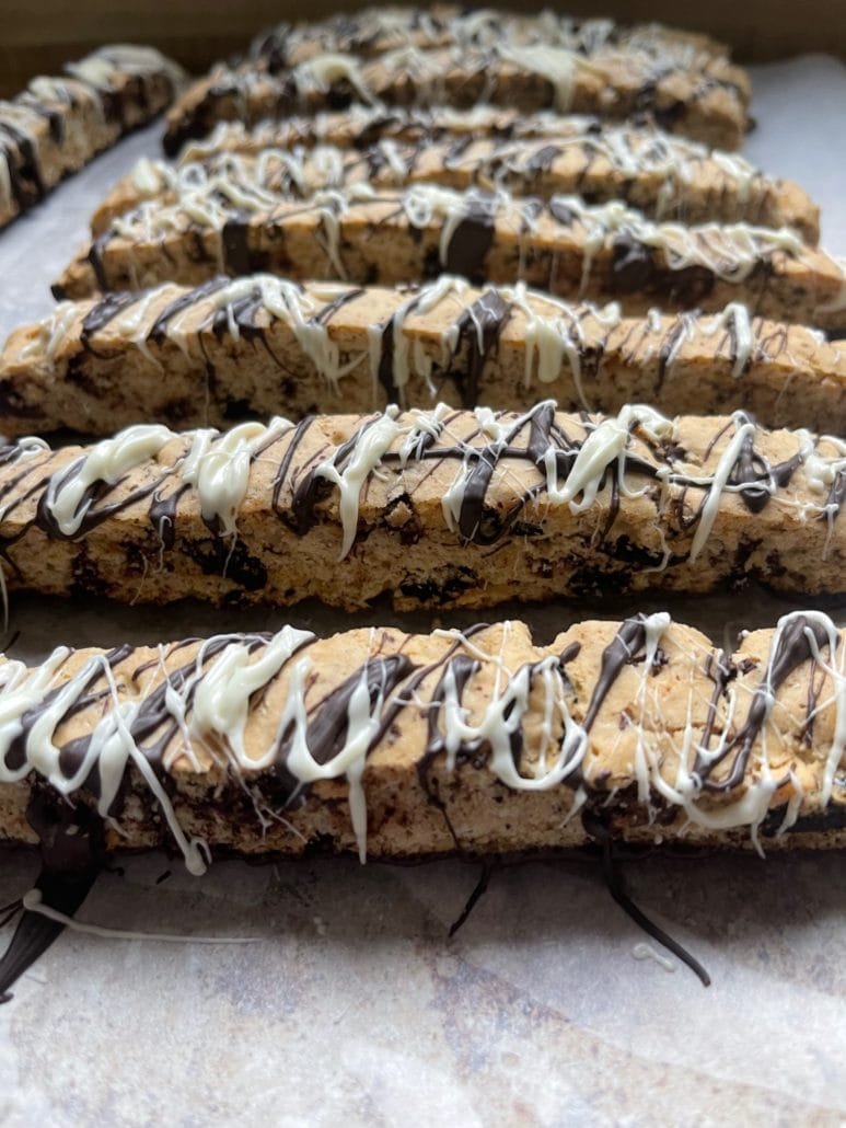 this is a photo of chocolate drizzled biscotti