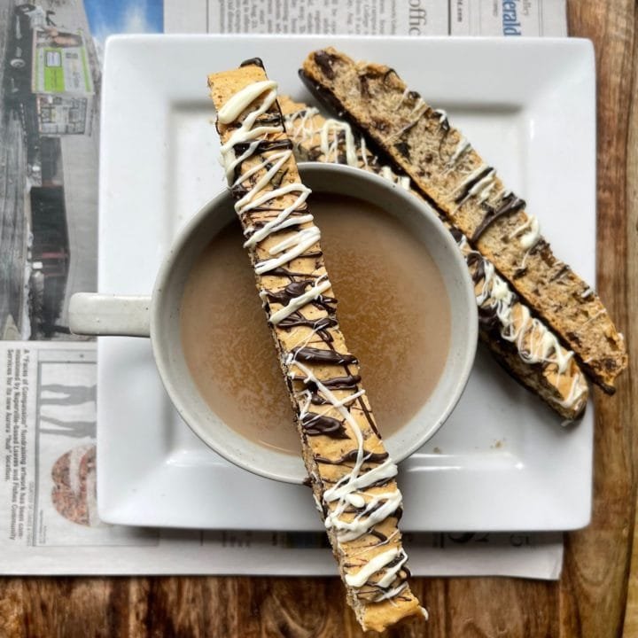 this is a picture of biscotti with a cup of coffee