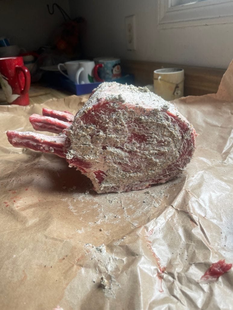 This is a photo of a standing rib roast ready for the grill