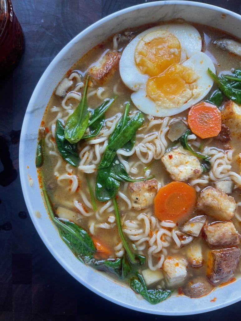 this is a bowl of salt and pepper tofu ramen