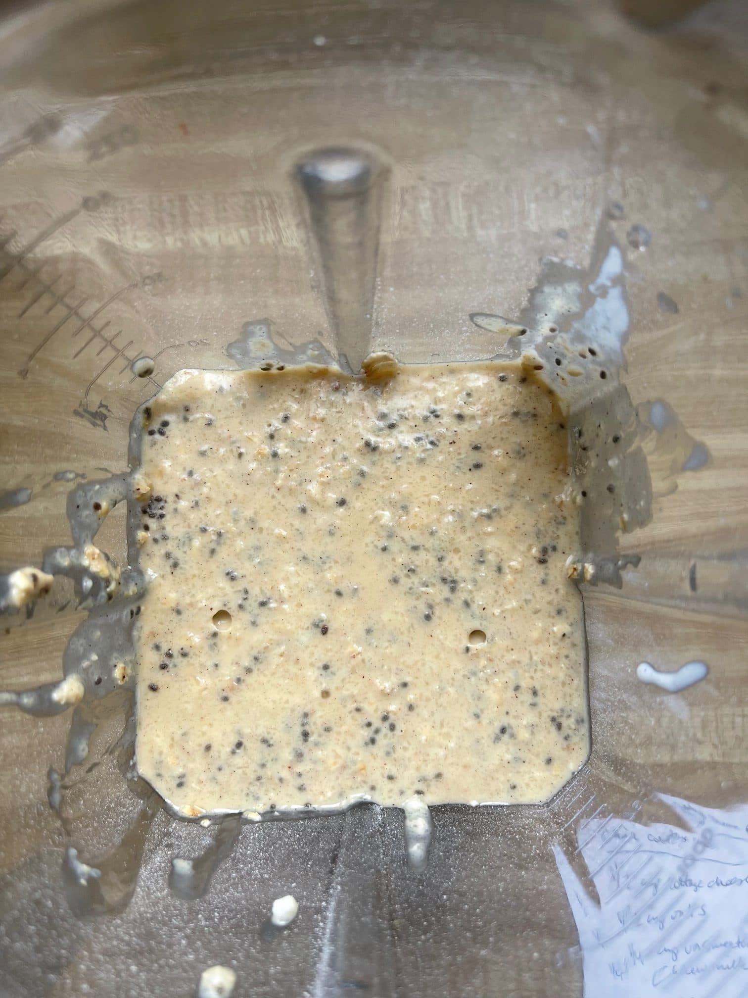 this is a photo of a blender with chia cottage cheese pancake batter