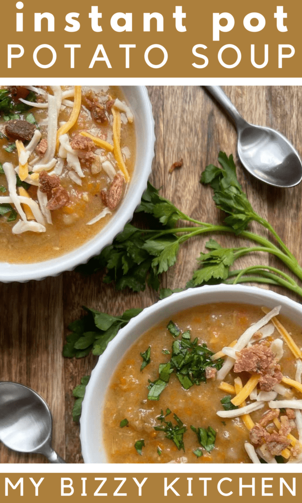 A quick instant pot soup recipe that cooks in 35 minutes with minimal work! This Weight Watchers soup is thick and hearty and can be topped with shredded cheese, bacon bits and sour cream for extra flavor. #instantpot #potatosoup