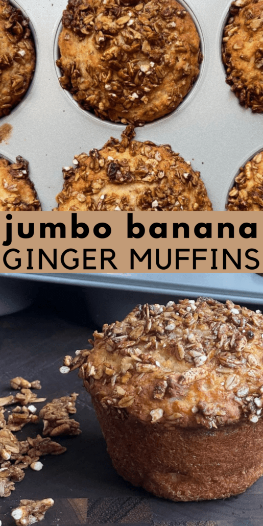 These sugarless banana muffins are sweetened with Splenda with monk fruit. It tastes like sugar but it isn't too sweet. The star of the show is the Safe + Fair’s Gingerbread Cookie Granola on top. These jumbo muffins are less than 300 calories and are great for meal prep. #muffins #bananamuffin Weight Watchers Breakfast | Weight Watchers Snacks
