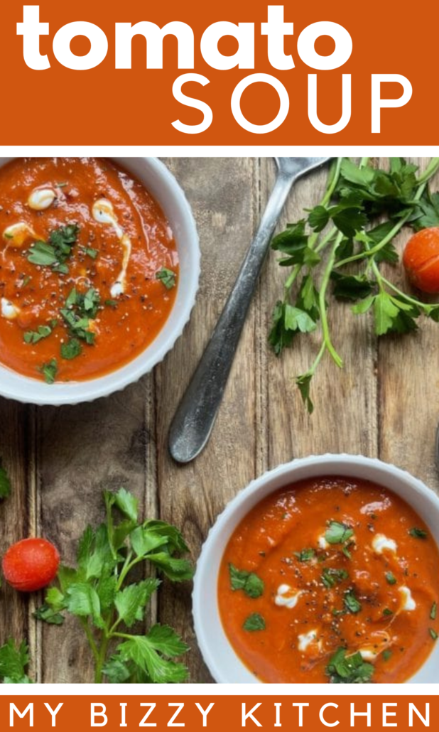 At only 74 calories per cup, this makes for a super low calorie soup. The tomatoes come from previously frozen farmers market tomatoes and makes this a quick 30 minute meal. #tomatosoup | Vegan Tomato Soup | Vegetarian Soup | Weight Watchers Soup | Easy Tomato Soup