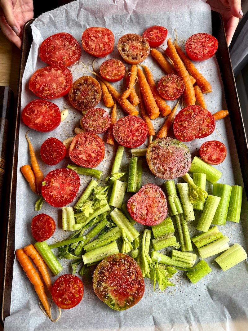 tomatoes ready to go in the oven for tomato soup