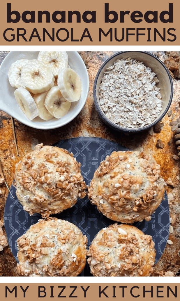 Take your banana muffin recipe to the next level with a cruchy Safe + Fair banana bread granola topping. A great Weight Watchers breakfast idea that's only 200 calories. #bananamuffins #bananarecipes #breakfastrecipes #granola #muffinrecipes #breakfastmuffin