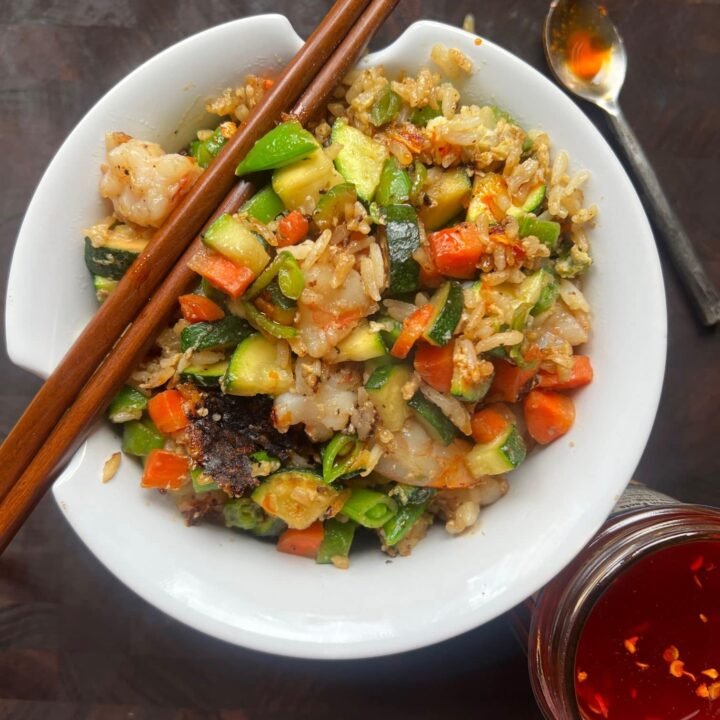 this is a bowl of easy shrimp fried rice