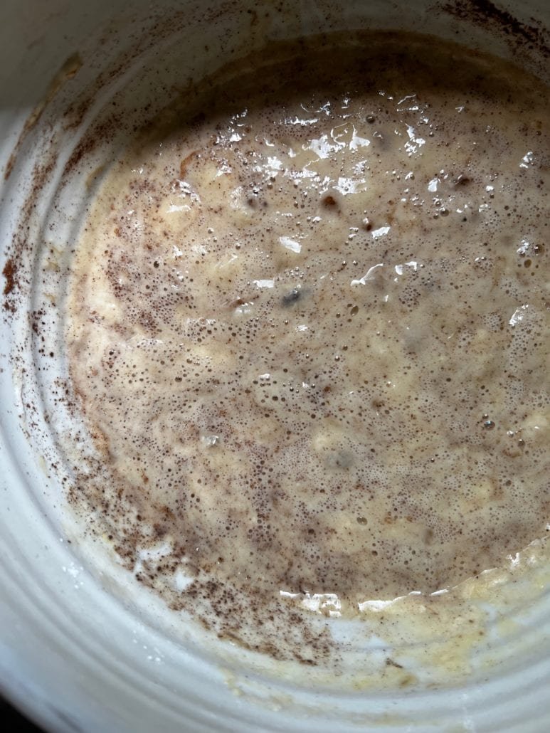 this is a bowl of pancake batter for banana bread pancakes
