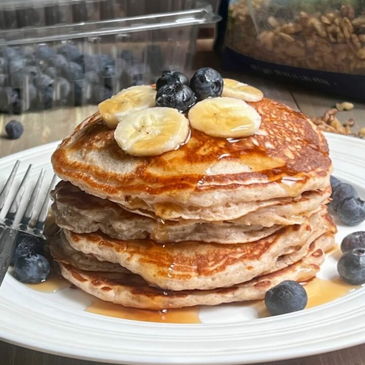 this is a photo of a stack of banana bread pancakes