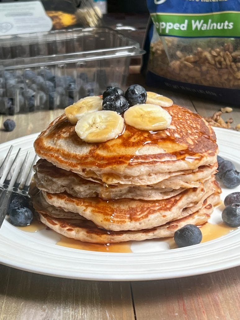this is a photo of a stack of banana bread pancakes