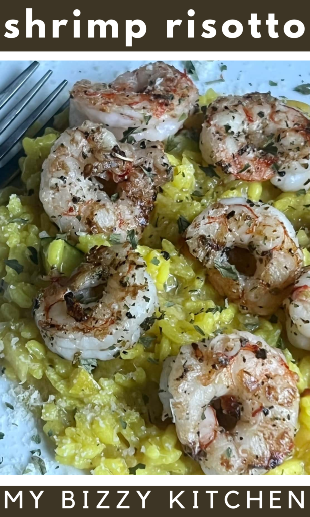 This creamy shrimp risotto might seem intimidating to make, but it's quite easy! The bright yellow color of the rice comes from turmeric and it pairs really well with the shrimp. This would make an easy healthy Weight Watchers dinner as well.