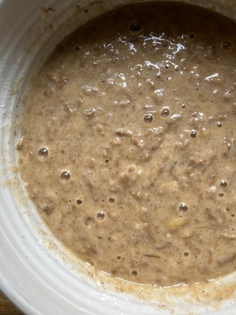 this is a bowl of banana bran muffin batter