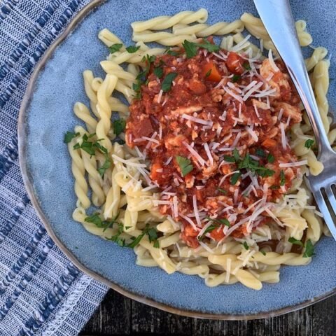 this is a bowl of pasta with turkey bolognese